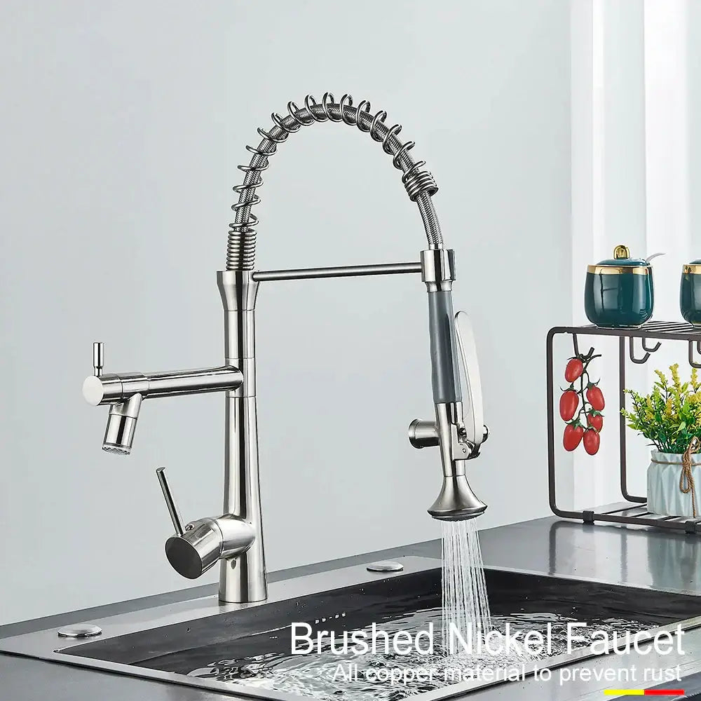 Matte black led kitchen faucet with dual spout mixer and flexible coiled hose pull-down spray head in brushed nickel