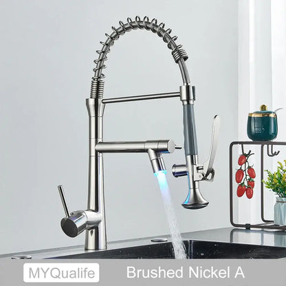 Matte black led kitchen faucet with dual spout mixer featuring brushed nickel flexible coiled hose and illuminated spray head