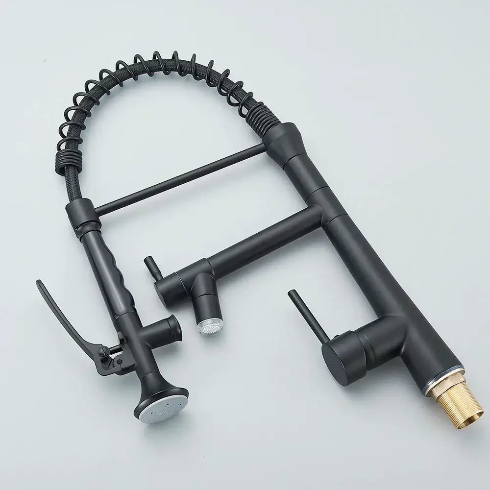 Matte black flexible led kitchen faucet with dual spout mixer featuring a coiled hose and dual handles for precise control