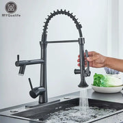 Matte black flexible led kitchen faucet with dual spout mixer and coiled gooseneck pull-down spray head