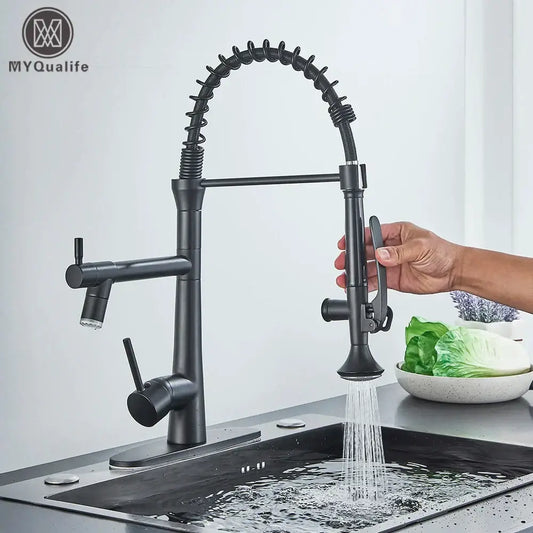 Matte black flexible led kitchen faucet with dual spout mixer and coiled gooseneck pull-down spray head