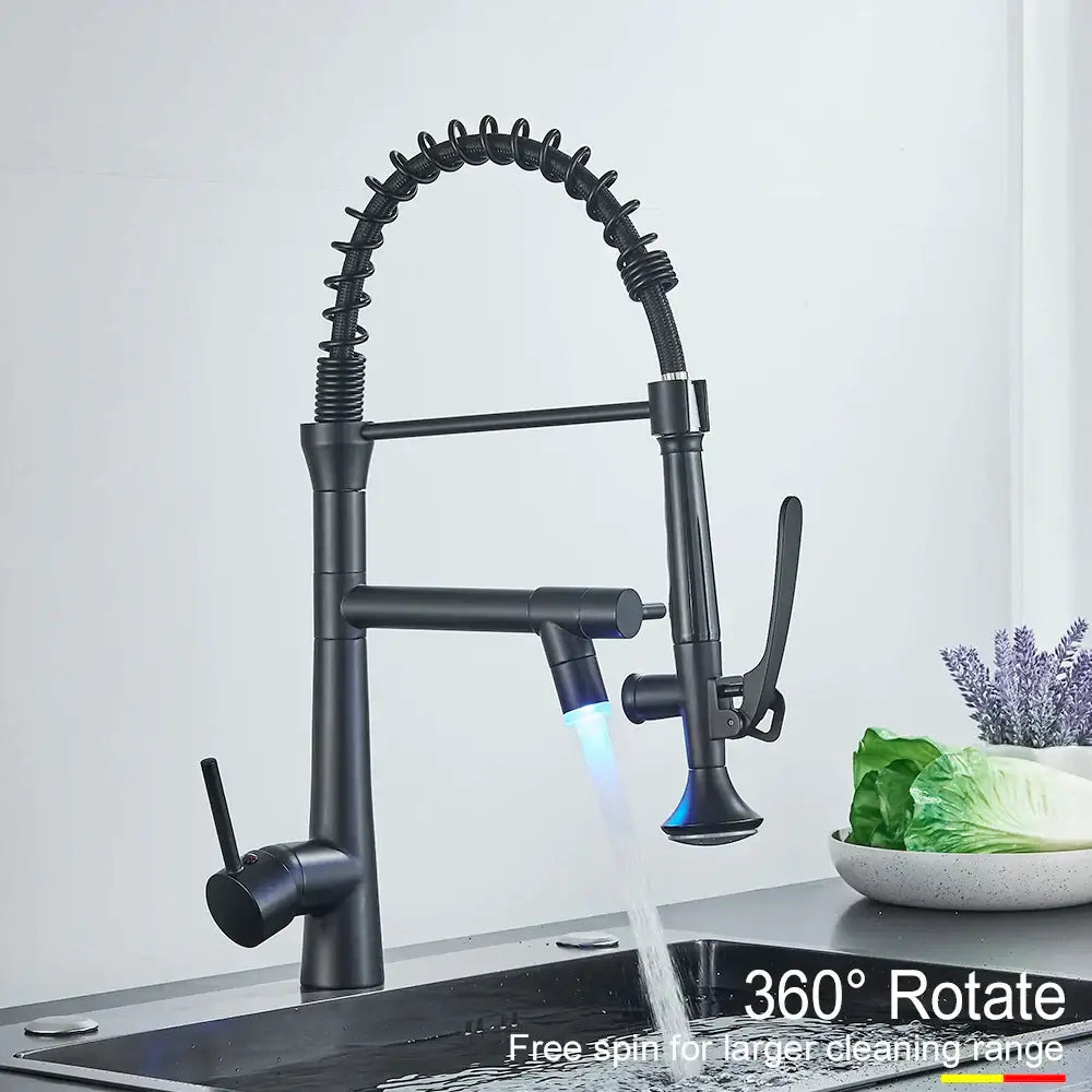 Matte black flexible led kitchen faucet with dual spout mixer and pull-out spray head for versatile kitchen use