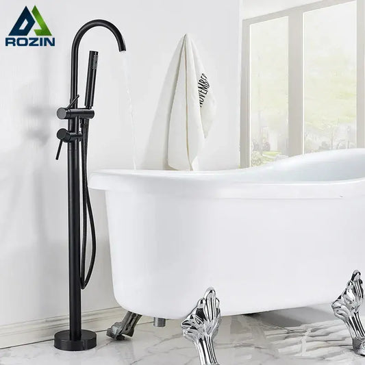 Matte black floor standing bathtub faucet with led swivel spout and handheld showerhead by decorbites black floor standing