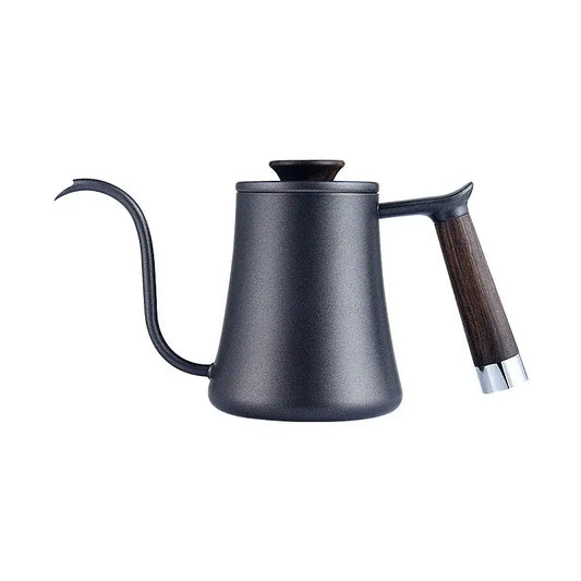 Matte black gooseneck pour over kettle with wood handle and silver accent by decorbites for precise brewing