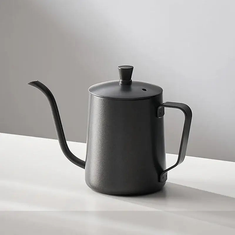 Matte black gooseneck spout kettle with stainless steel hand punch coffee pot design for precise pouring