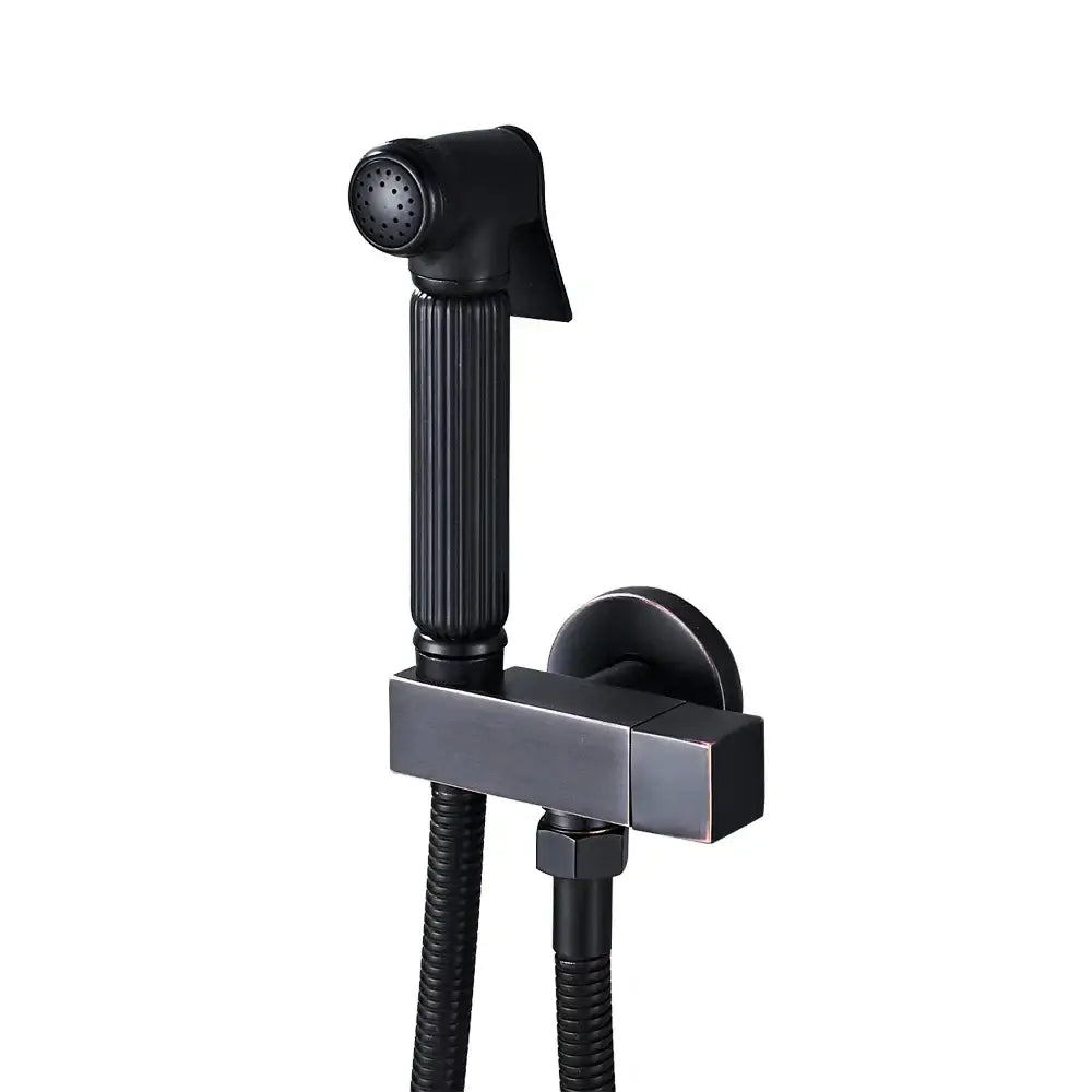 Matte black handheld bidet faucet with ribbed grip and square mounting bracket for bathroom use by decorbites black bidet