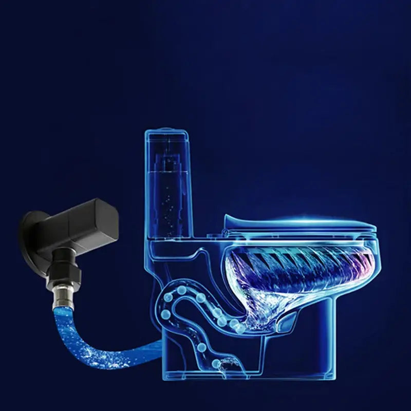 Matte black hexagonal filling valve faucet connected to a blue translucent toilet with visible internal plumbing and valve faucet