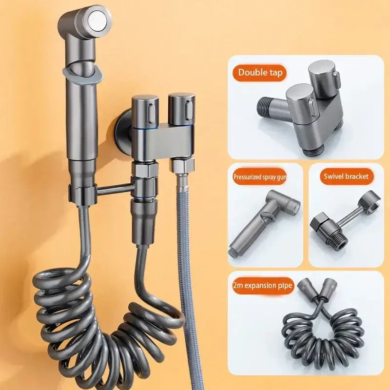 Matte black hygienic bidet sprayer with coiled hose and dual-function nozzle for modern bathroom use by decorbites