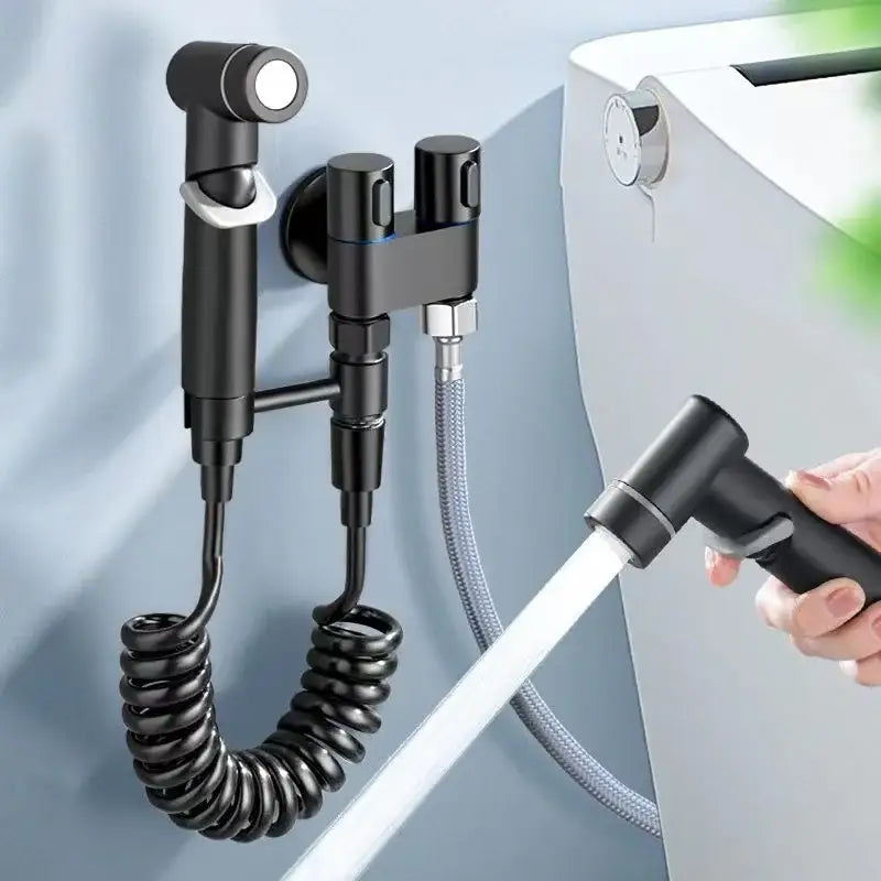 Matte black decorbites hygienic bidet sprayer with coiled hose and dual-function nozzle for bathroom use