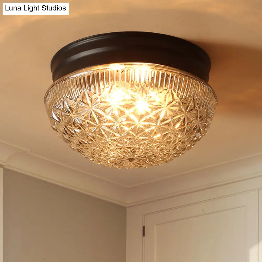 DecorBites™ DecorBites™ Matte Black Industrial Flushmount Light with Clear Textured Glass Dome Shade and 2 Bulbs