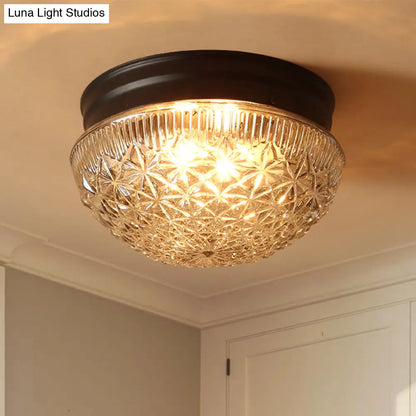 DecorBites™ DecorBites™ Matte Black Industrial Flushmount Light with Clear Textured Glass Dome Shade and 2 Bulbs