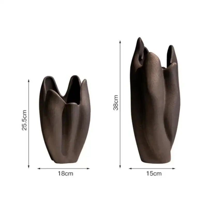 Two dark brown irregular pleated ceramic vases with sculpted tulip design for living room decorbites decor