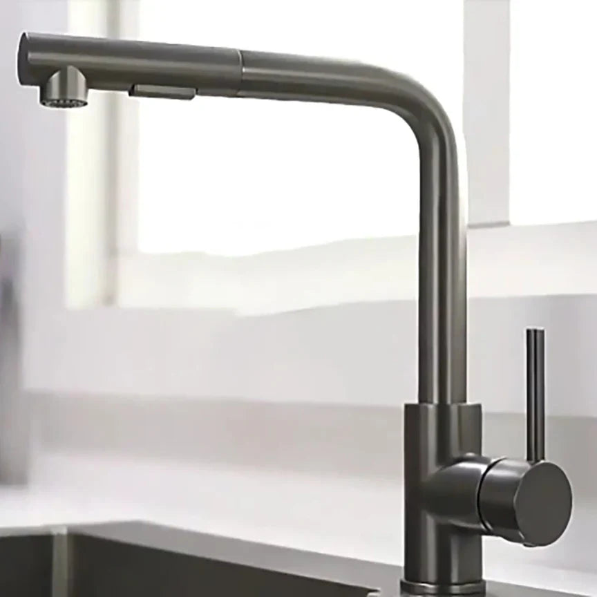Matte black deck mounted kitchen faucet with sleek curved spout single hole design and 360 degree rotation spray
