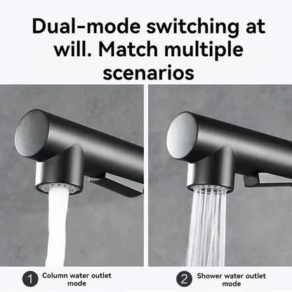 Matte black kitchen faucet with dual way sprayer deck mounted single hole design and 360 rotation feature