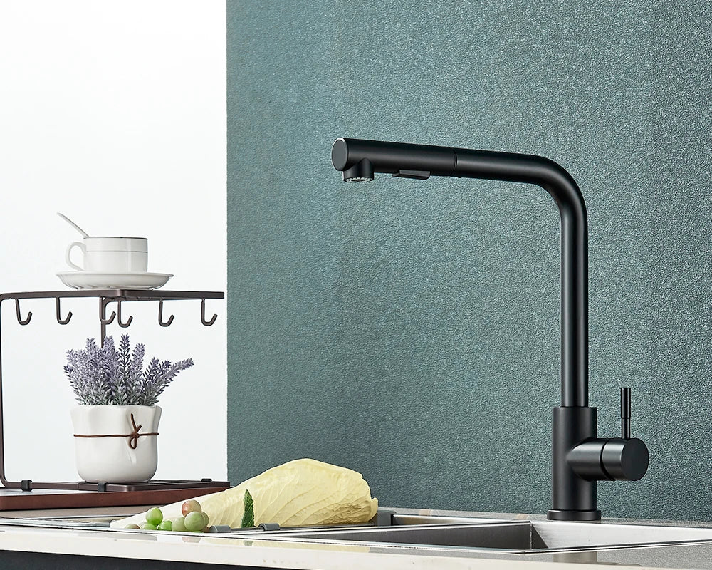 Matte black kitchen faucet with deck mounted single hole design and 360 rotation dual way sprayer for sink use