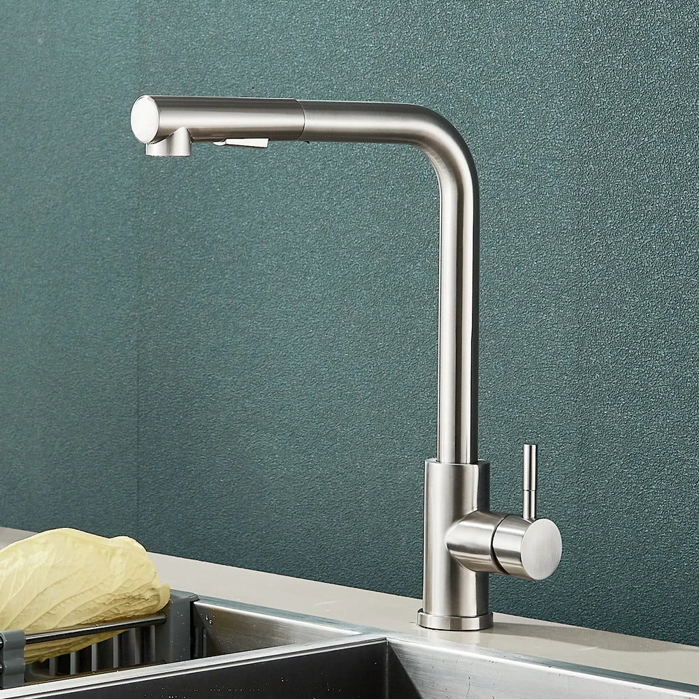 Matte black deck mounted single hole kitchen faucet with brushed stainless steel curved spout and pull-down spray head