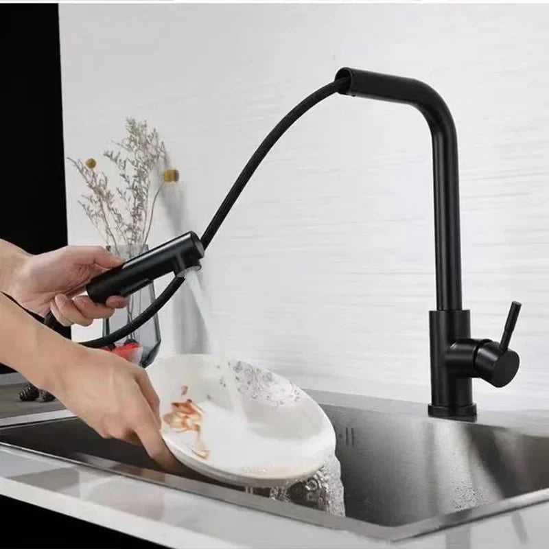 Black matte finish pull out kitchen faucet with flexible hose single lever handle deck mounted single hole design