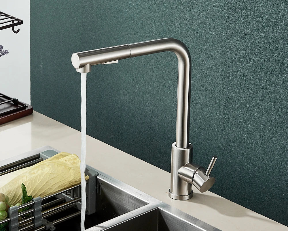 Matte black stainless steel deck mounted kitchen faucet with sleek curved spout single hole pull down spray head