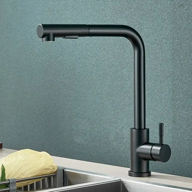 Matte black kitchen faucet with pull-down spout deck mounted single hole and 360 rotation dual way sprayer mixer tap