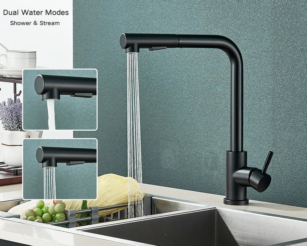 Matte black deck mounted kitchen faucet with dual way sprayer 360 rotation single hole mixer tap