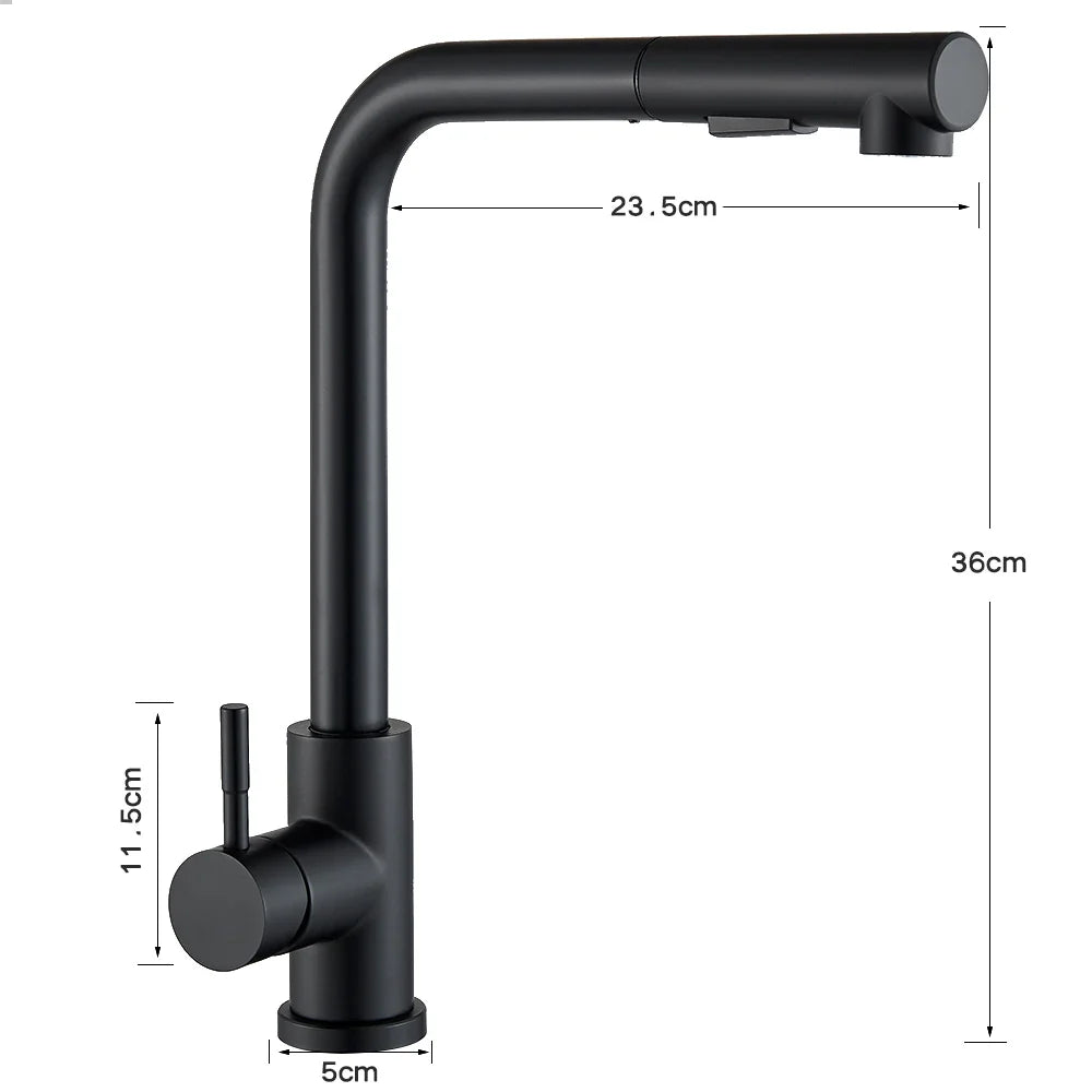 Matte black deck mounted kitchen faucet with single hole installation and pull-down dual way sprayer mixer tap