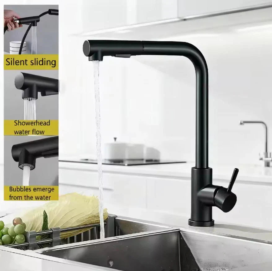 Matte black kitchen faucet with pull-down spray head deck mounted single hole mixer tap with 360 rotation