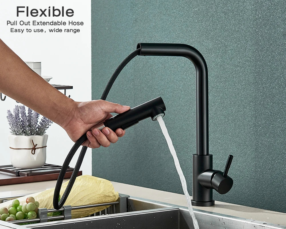 Matte black deck mounted single hole kitchen faucet with flexible pull-out hose and 360 rotation dual way sprayer