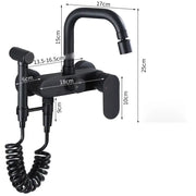 Matte black kitchen mixer tap with wall-mounted mixer tap and integrated handheld showerhead with coiled hose