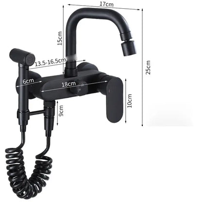 Matte black kitchen mixer tap with wall-mounted mixer tap and integrated handheld showerhead with coiled hose