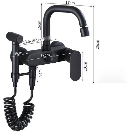 Matte black kitchen mixer tap with wall-mounted mixer tap and integrated handheld showerhead with coiled hose