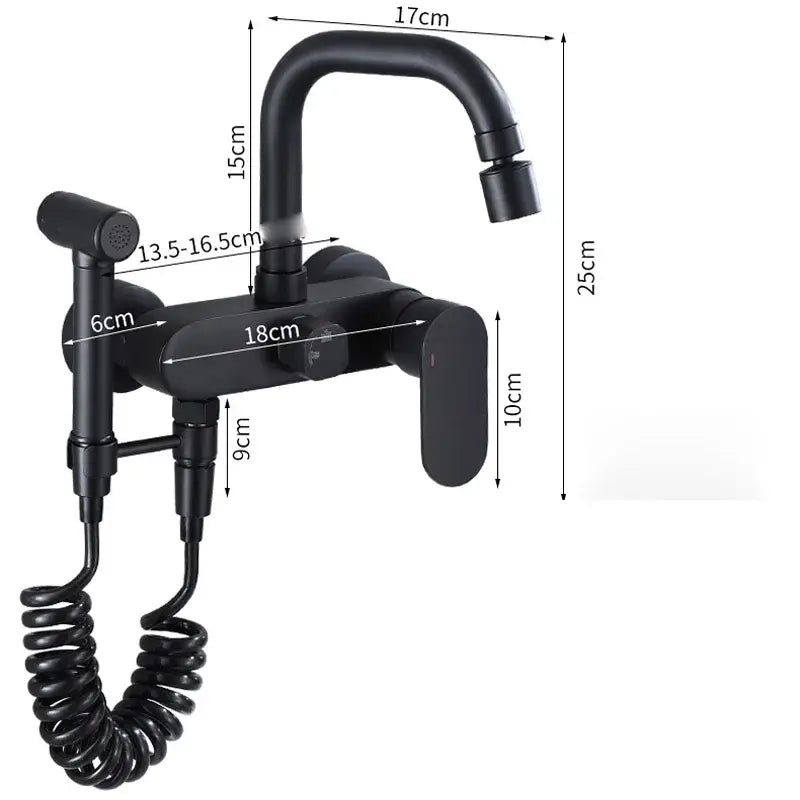 Matte black kitchen mixer tap with wall-mounted mixer tap and integrated handheld showerhead with coiled hose