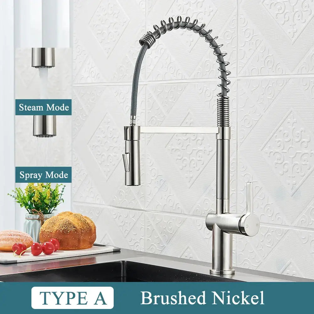 Matte black kitchen sink faucet with pull down spring sprayer and brushed nickel flexible coiled gooseneck spout sink faucet