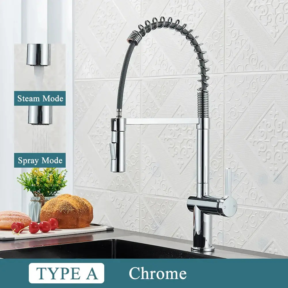 Chrome finished kitchen sink faucet with flexible coiled hose and pull down spray head for modern kitchen use