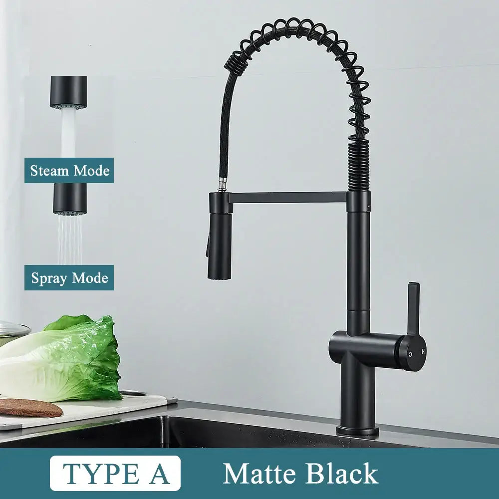 Matte black kitchen sink faucet with flexible coiled spring neck and pull-down spray head for easy use