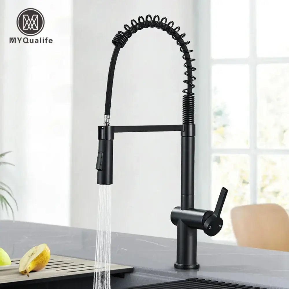 Matte black kitchen sink faucet with coiled spring spout and pull down spray head for modern kitchen use