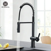Matte black kitchen sink faucet with coiled spring spout and pull down spray head for modern kitchen use