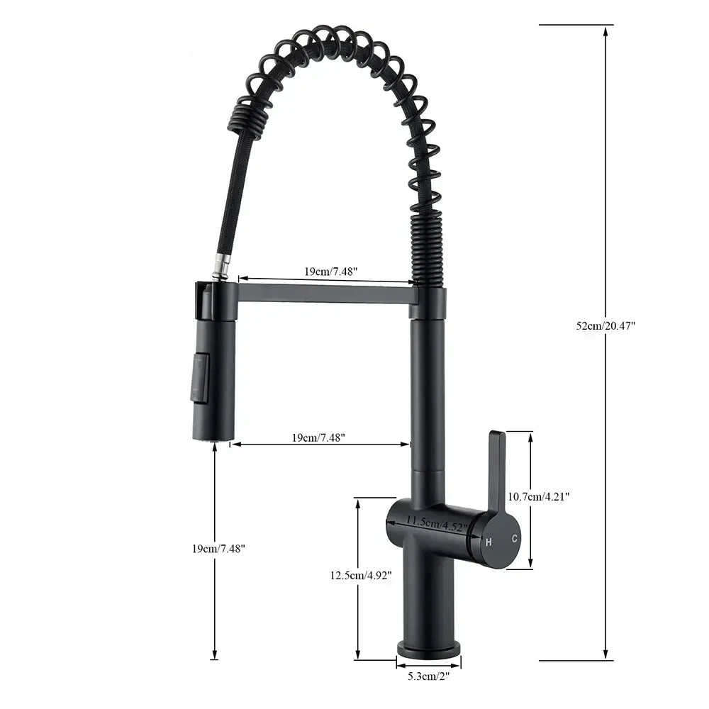 Matte black kitchen sink faucet with pull down spring sprayer and flexible gooseneck sink faucet design