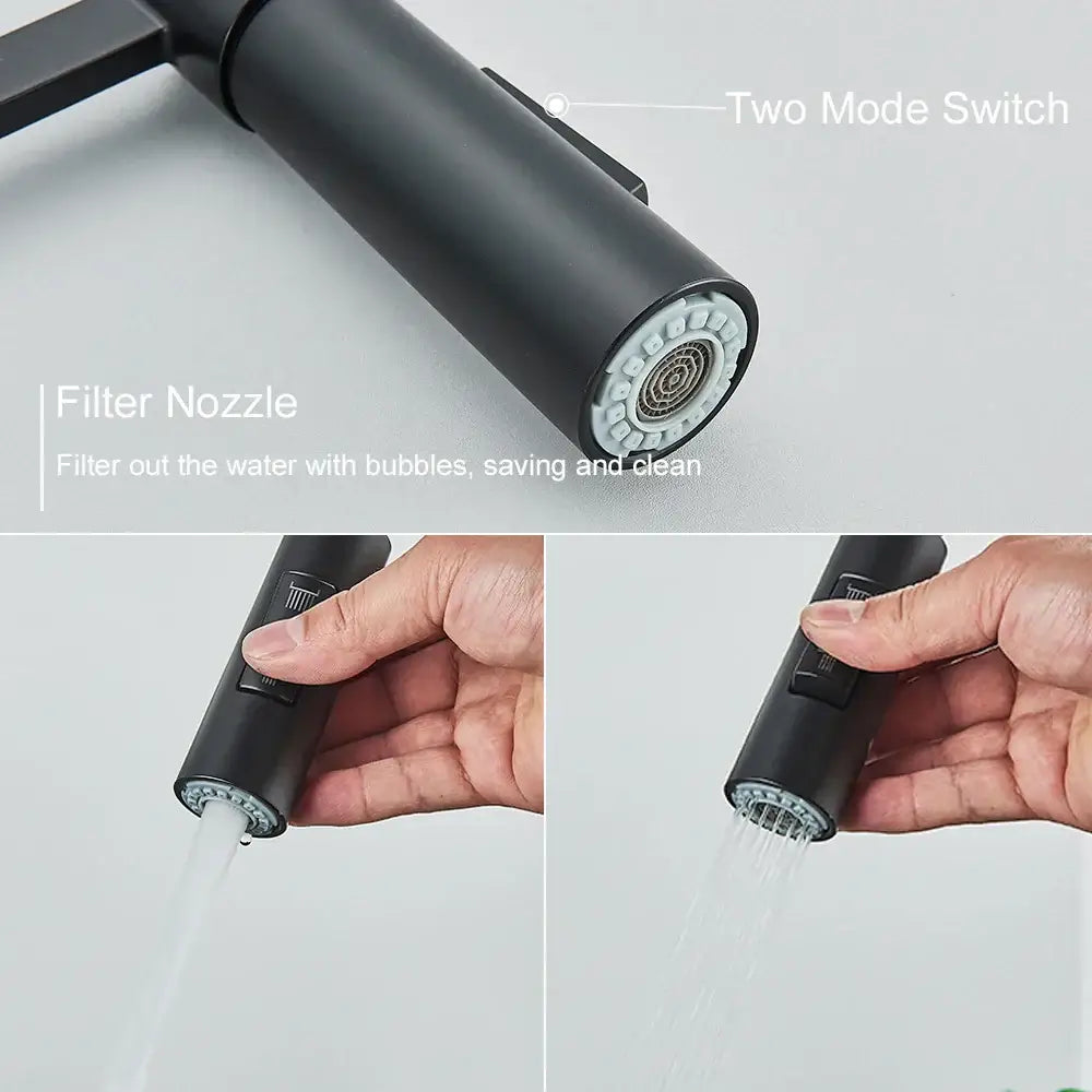 Matte black kitchen sink faucet with pull down spring sprayer, filter nozzle, and two mode switch for versatile use