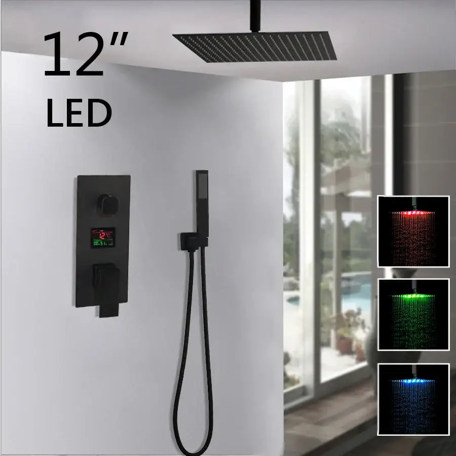 Matte black 12-inch led shower faucet set with color-changing lighting for modern bathroom rain head shower faucet