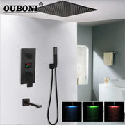 Matte black led digital shower faucet set with black matte ouboni rain shower head featuring blue green and red led lighting