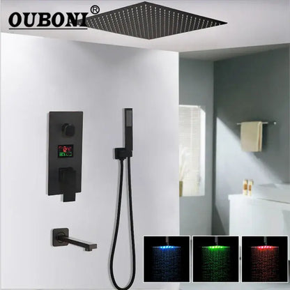 Matte black led digital shower faucet set with black matte ouboni rain shower head featuring blue green and red led lighting
