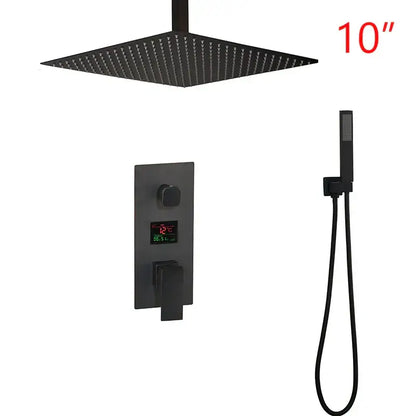 Matte black shower faucet set featuring a square rain shower head with led digital temperature display and handheld attachment
