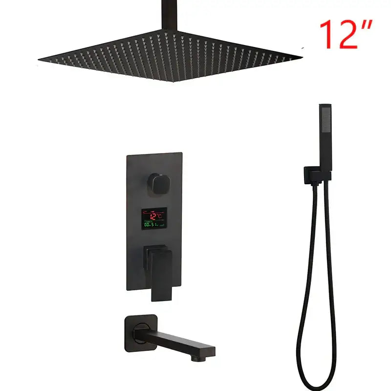 Matte black shower faucet set with 12 inch square rain shower head and integrated led digital temperature display