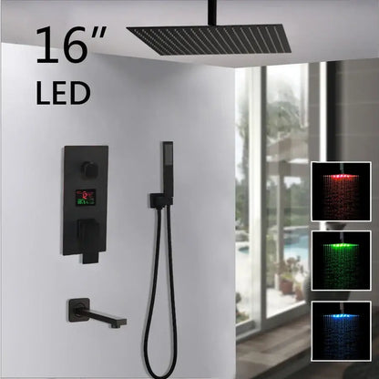 Matte black led digital shower faucet set with 16-inch square black matte finish rain head and color-changing lighting options