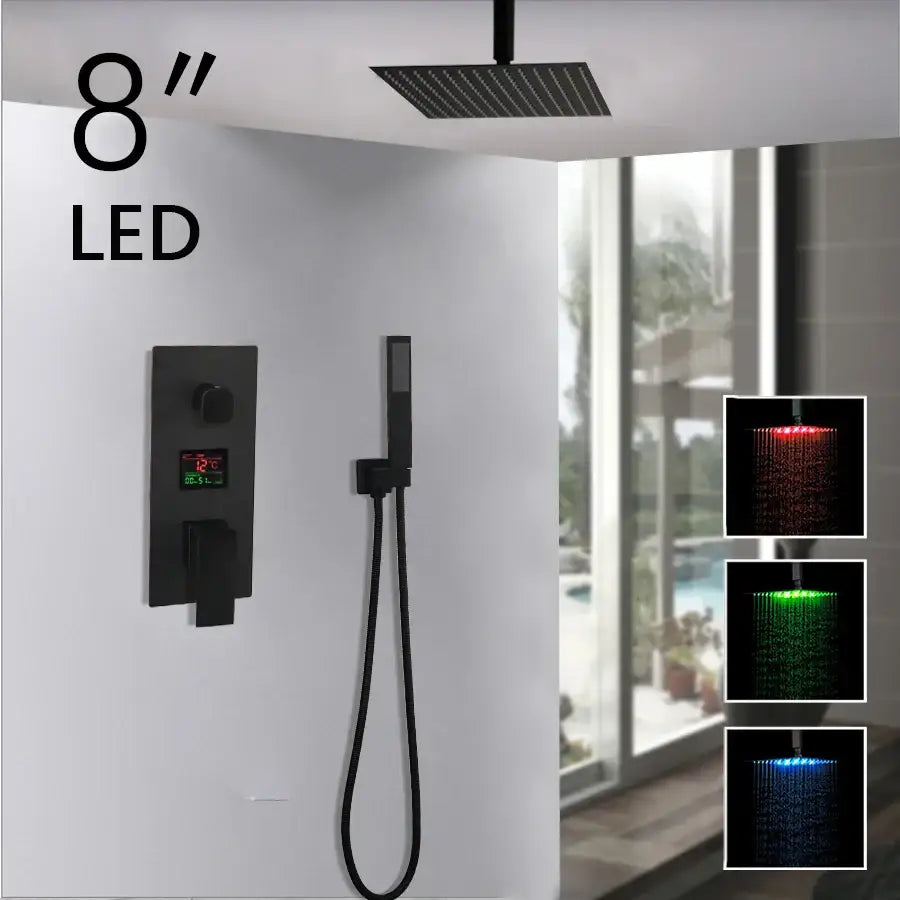 Matte black 8-inch led shower faucet set with square rainhead and handheld sprayer for bathroom use