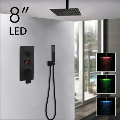 Matte black 8-inch led shower faucet set with square rainhead and handheld sprayer for bathroom use