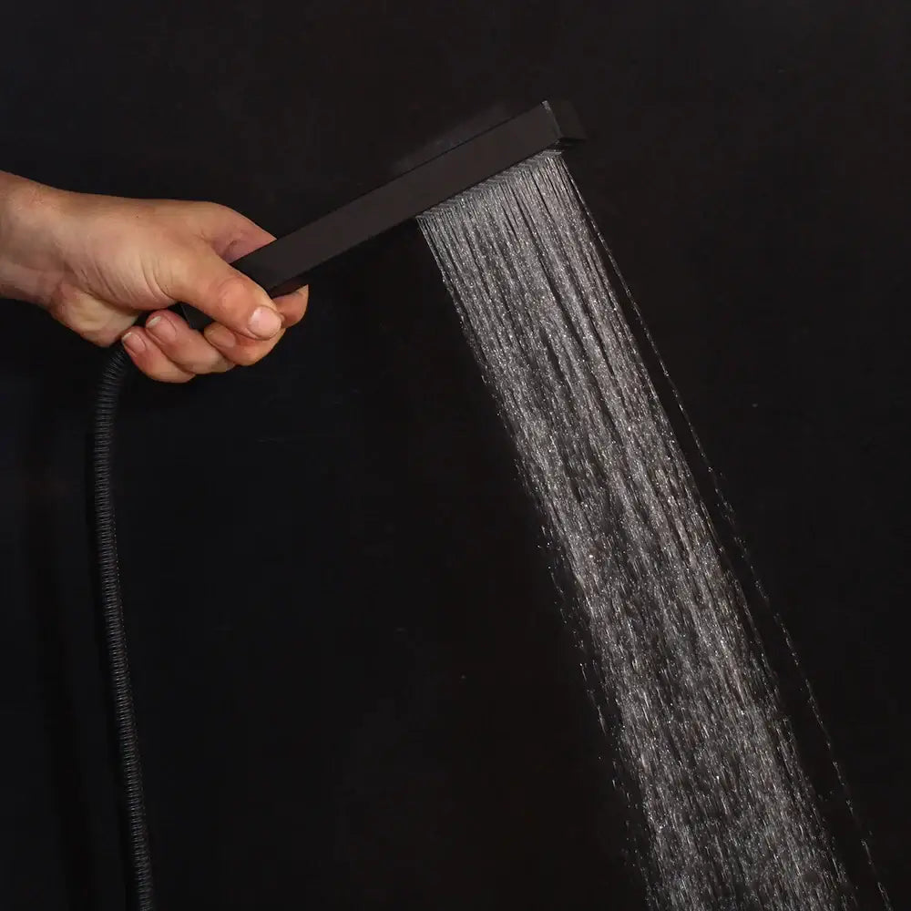 Matte black handheld shower faucet set with led digital rain head and rectangular design with cascading water