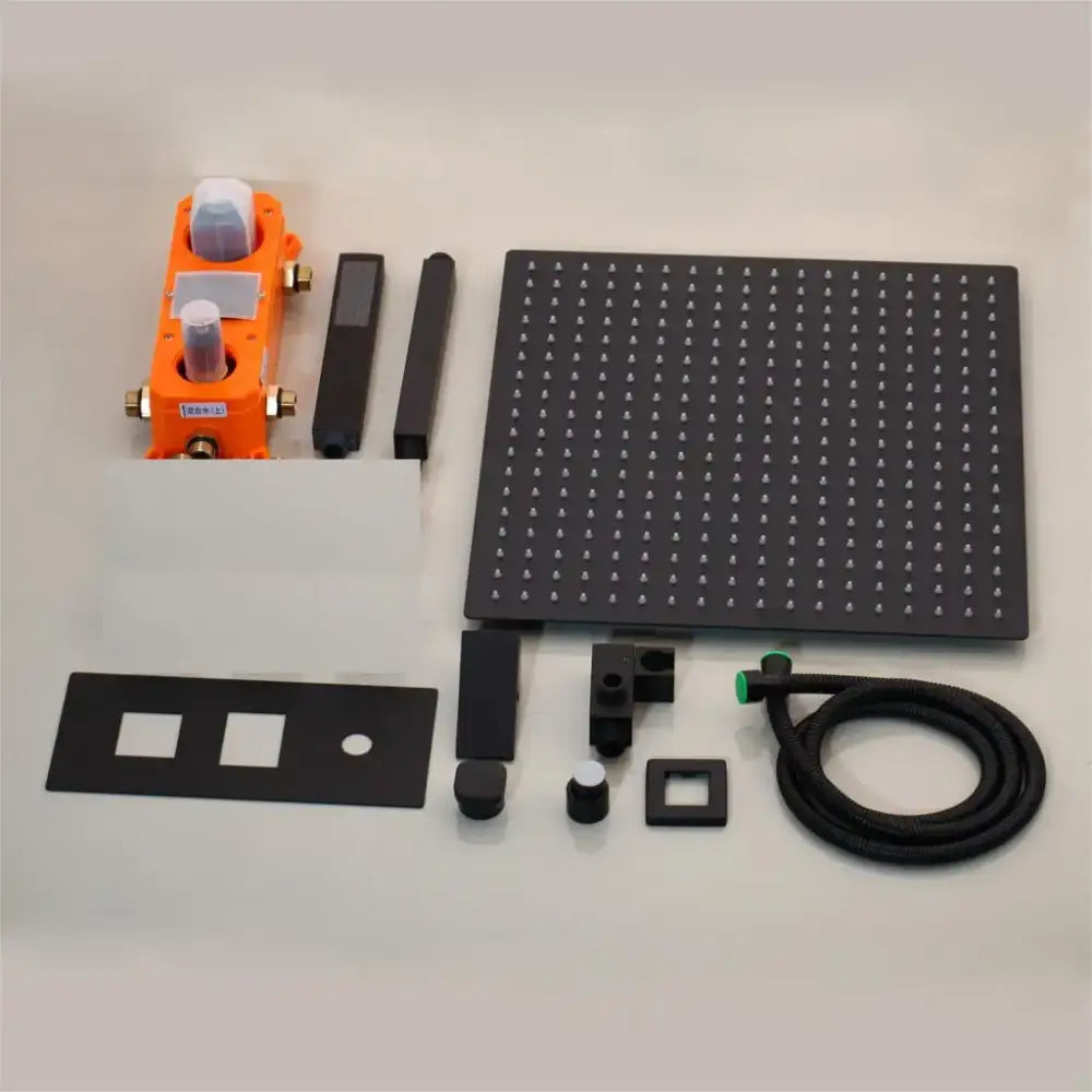 Matte black led digital shower faucet set with matte finish and grid of nozzles for bathroom rain head shower faucet