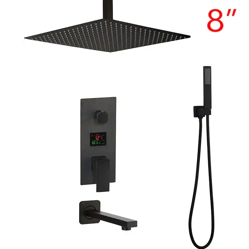 Matte black shower faucet set with 8-inch square rainfall showerhead digital temperature display and handheld attachment