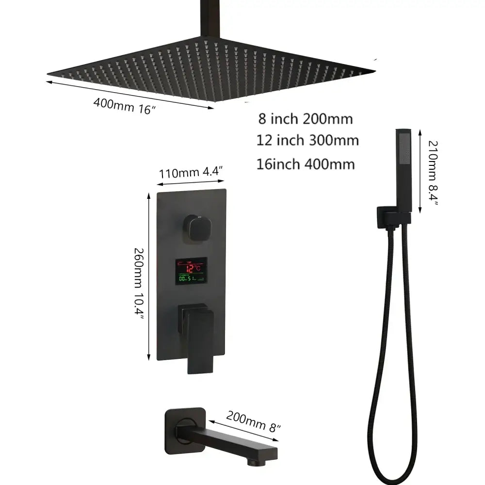 Matte black led digital shower faucet set with black matte square showerhead and integrated temperature display